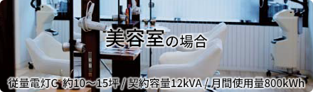 美容室の場合 従量電灯C 約10~15坪/契約容量12kVA/月間使用量800kWh