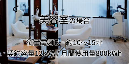 美容室の場合 従量電灯B 約10~15坪/契約容量12kVA/月間使用量800kWh